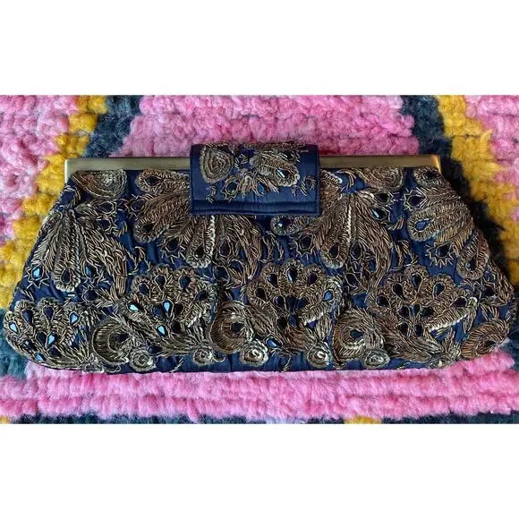 Santi Beaded Clutch Evening Bag Satin + Ornate Gold & Black Beading ~ Lovely - Picture 5 of 9